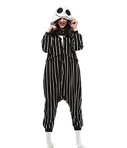 Jack Skellington Costume Onesie Adult Nightmare Cosplay Halloween Christmas Stripe Pajama Jumpsuit (US, Alpha, Medium, Regular, Regular, Stripe)