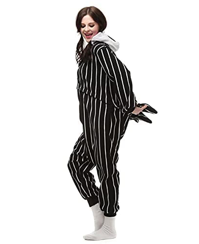 Jack Skellington Costume Onesie Adult Nightmare Cosplay Halloween Christmas Stripe Pajama Jumpsuit (US, Alpha, Medium, Regular, Regular, Stripe)