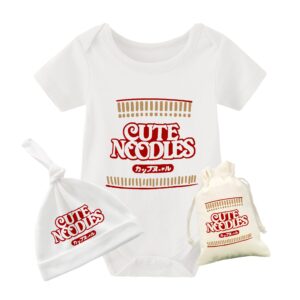 YSCULBUTOL Baby Twins Bodysuit Funny Ramen Outfit Noodle Funny Romper Baby Costume Jumpsuit Hat Bags（White Noodle 12M）