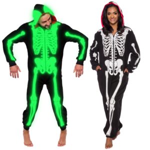 funziez! glow in the dark skeleton adult onesie - halloween costume - plush one piece cosplay suit for adults, women and men