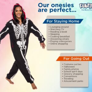 Funziez! Glow in the Dark Skeleton Adult Onesie - Halloween Costume - Plush One Piece Cosplay Suit for Adults, Women and Men