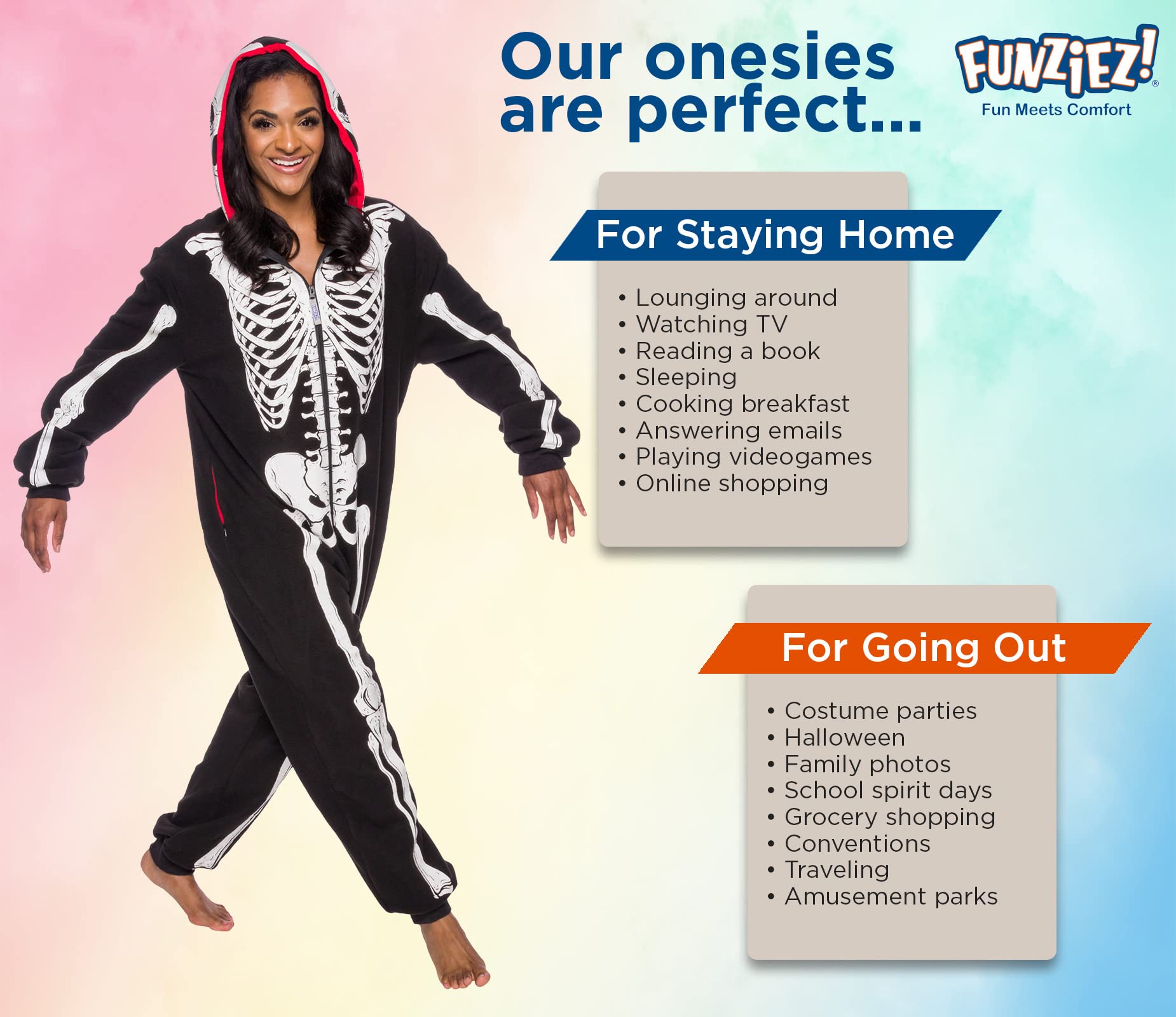 Funziez! Glow in the Dark Skeleton Adult Onesie - Halloween Costume - Plush One Piece Cosplay Suit for Adults, Women and Men