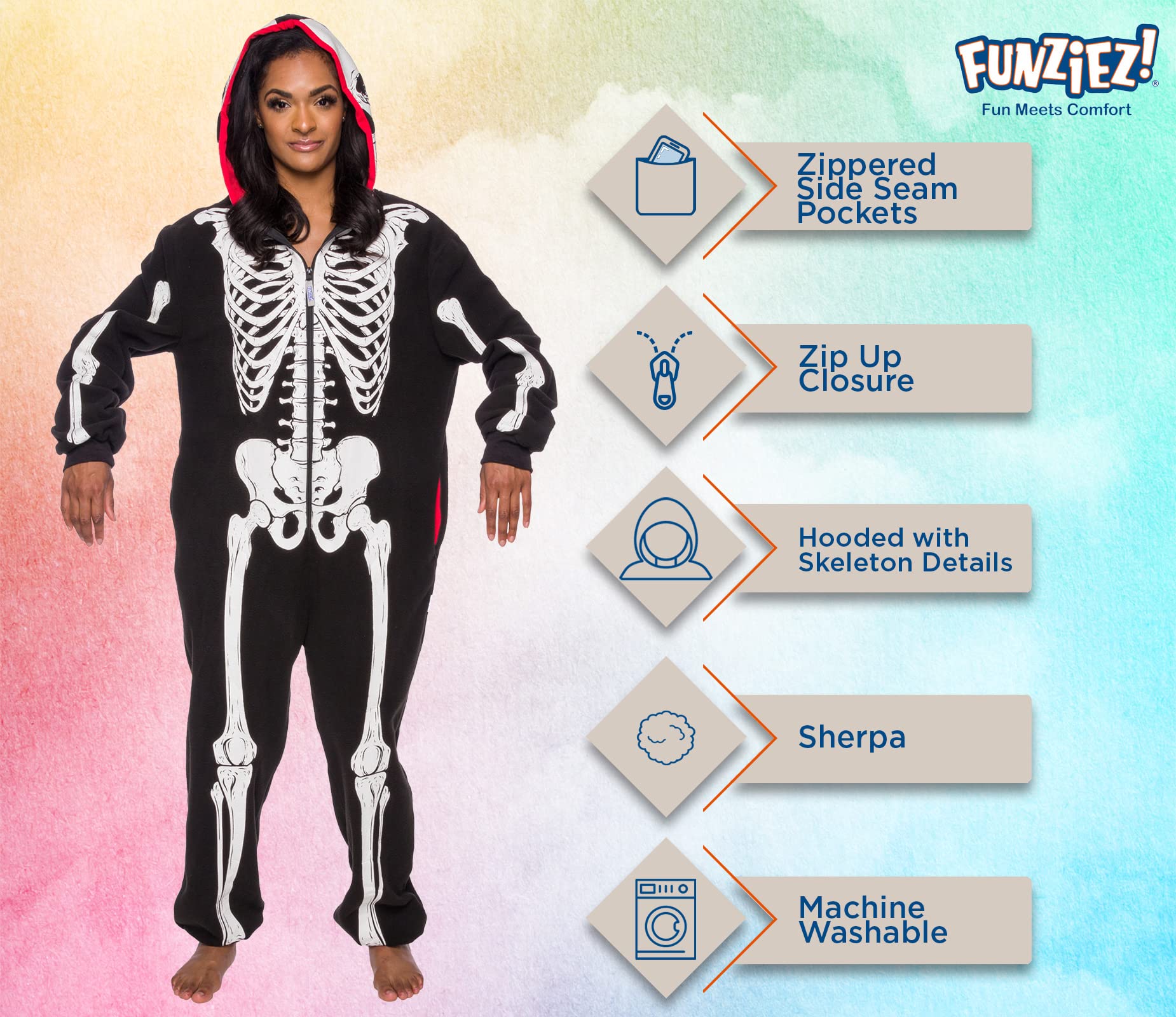 Funziez! Glow in the Dark Skeleton Adult Onesie - Halloween Costume - Plush One Piece Cosplay Suit for Adults, Women and Men