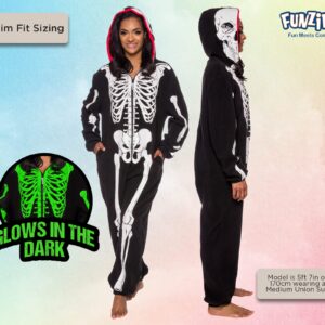 Funziez! Glow in the Dark Skeleton Adult Onesie - Halloween Costume - Plush One Piece Cosplay Suit for Adults, Women and Men