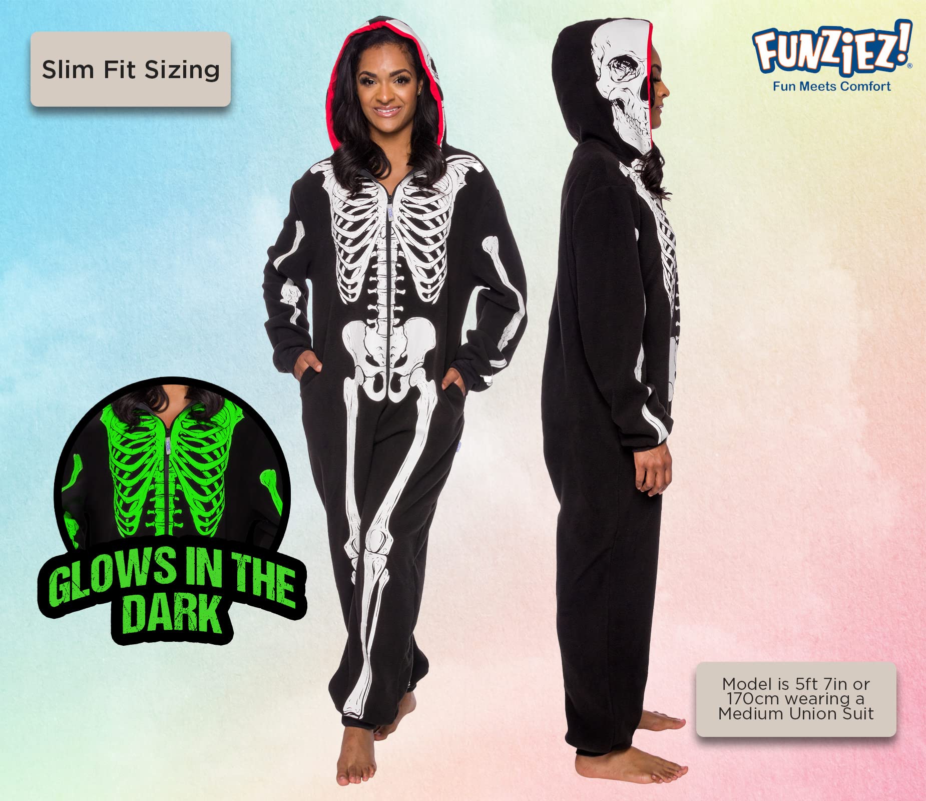 Funziez! Glow in the Dark Skeleton Adult Onesie - Halloween Costume - Plush One Piece Cosplay Suit for Adults, Women and Men
