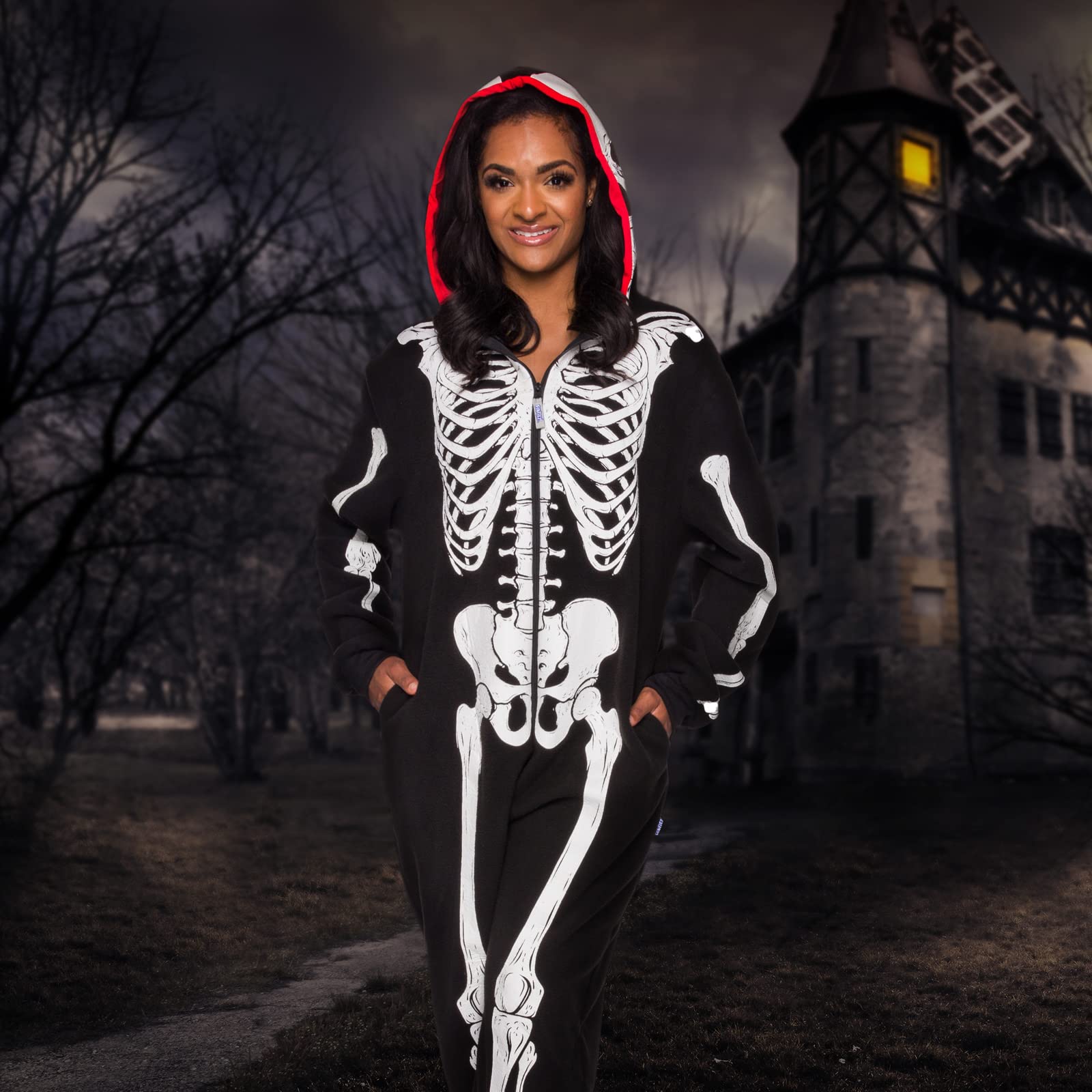 Funziez! Glow in the Dark Skeleton Adult Onesie - Halloween Costume - Plush One Piece Cosplay Suit for Adults, Women and Men