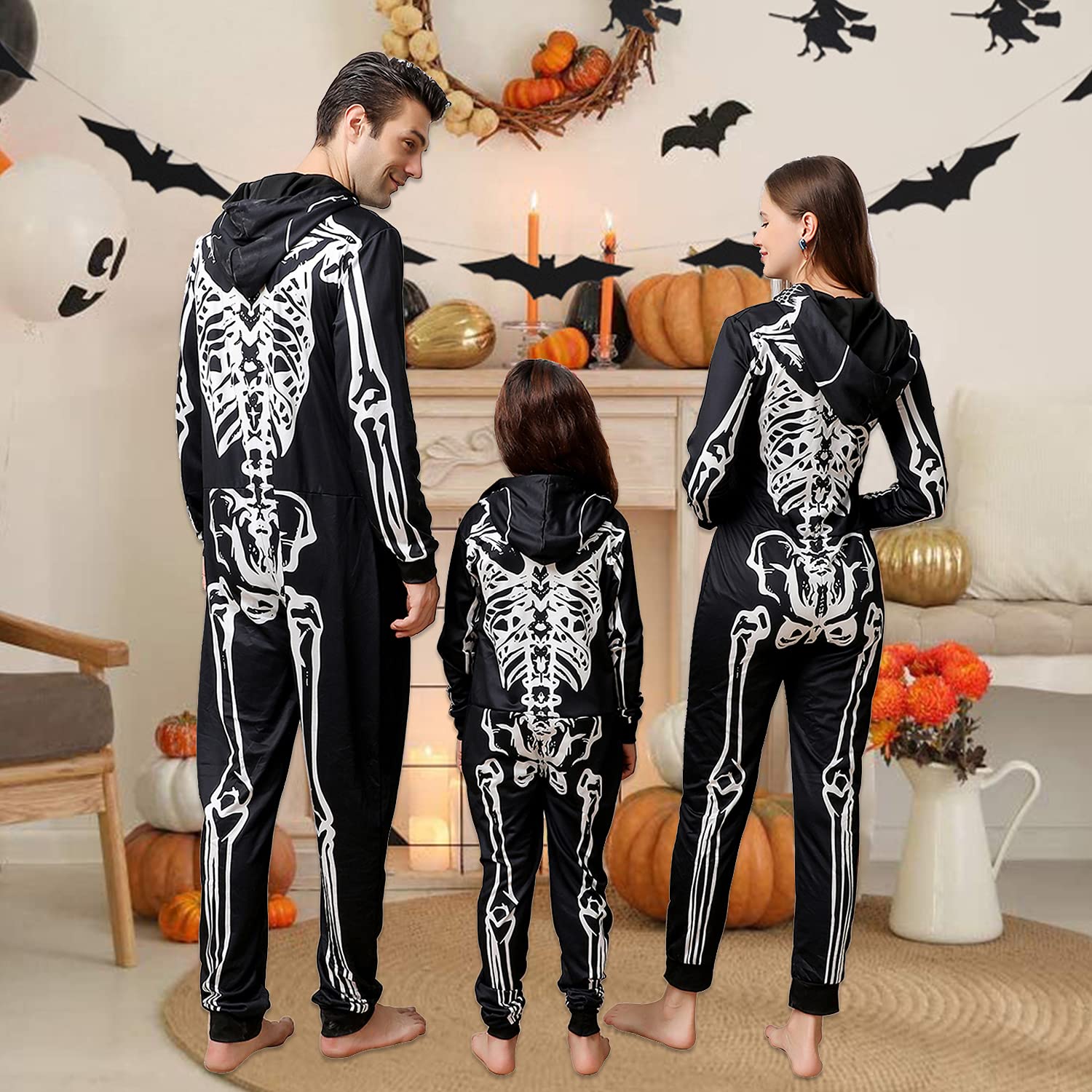 ANGELGGH Family Matching Halloween Onesie Pajamas, Funny Skeleton Printed Hooded Zipper PJs Loungewear for Men/Women/Kids (Kids, 8-10T, Skull)