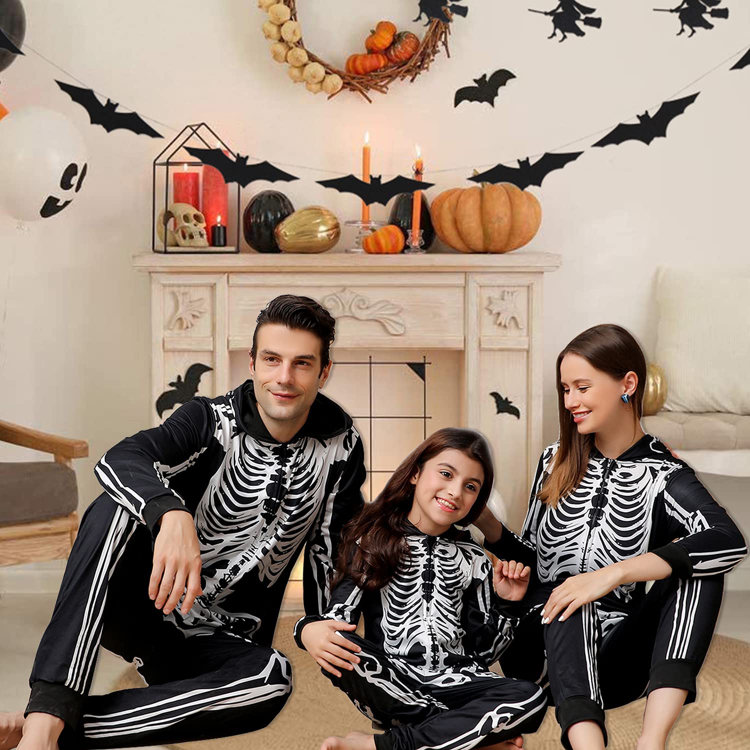 ANGELGGH Family Matching Halloween Onesie Pajamas, Funny Skeleton Printed Hooded Zipper PJs Loungewear for Men/Women/Kids (Kids, 8-10T, Skull)