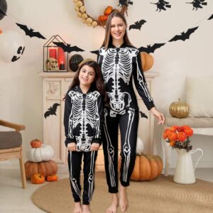 ANGELGGH Family Matching Halloween Onesie Pajamas, Funny Skeleton Printed Hooded Zipper PJs Loungewear for Men/Women/Kids (Kids, 8-10T, Skull)