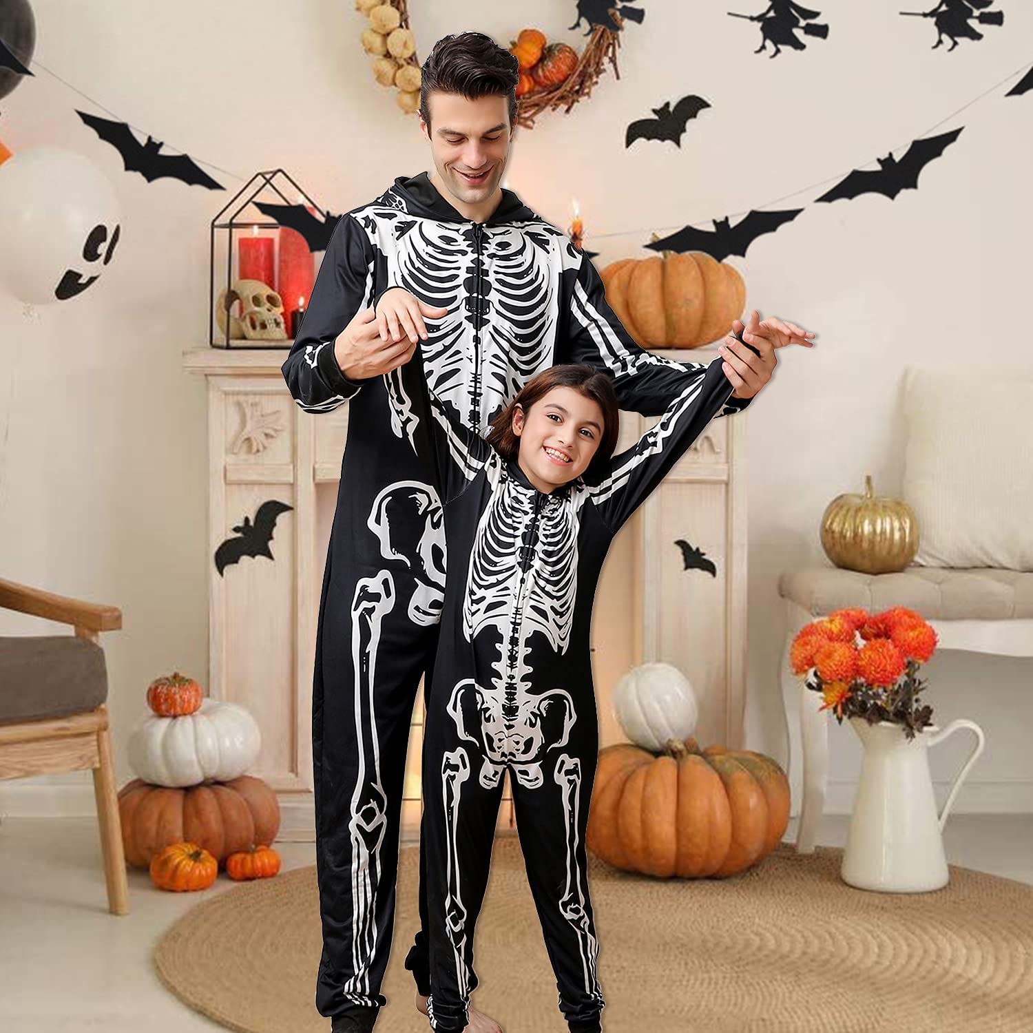 ANGELGGH Family Matching Halloween Onesie Pajamas, Funny Skeleton Printed Hooded Zipper PJs Loungewear for Men/Women/Kids (Kids, 8-10T, Skull)