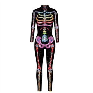 alidamo womens 3d halloween cosplay skull skeleton jumpsuit bodysuit colorful skull,bax-083,xl