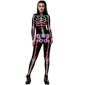 Alidamo Womens 3D Halloween Cosplay Skull Skeleton Jumpsuit Bodysuit Colorful Skull,BAX-083,XL