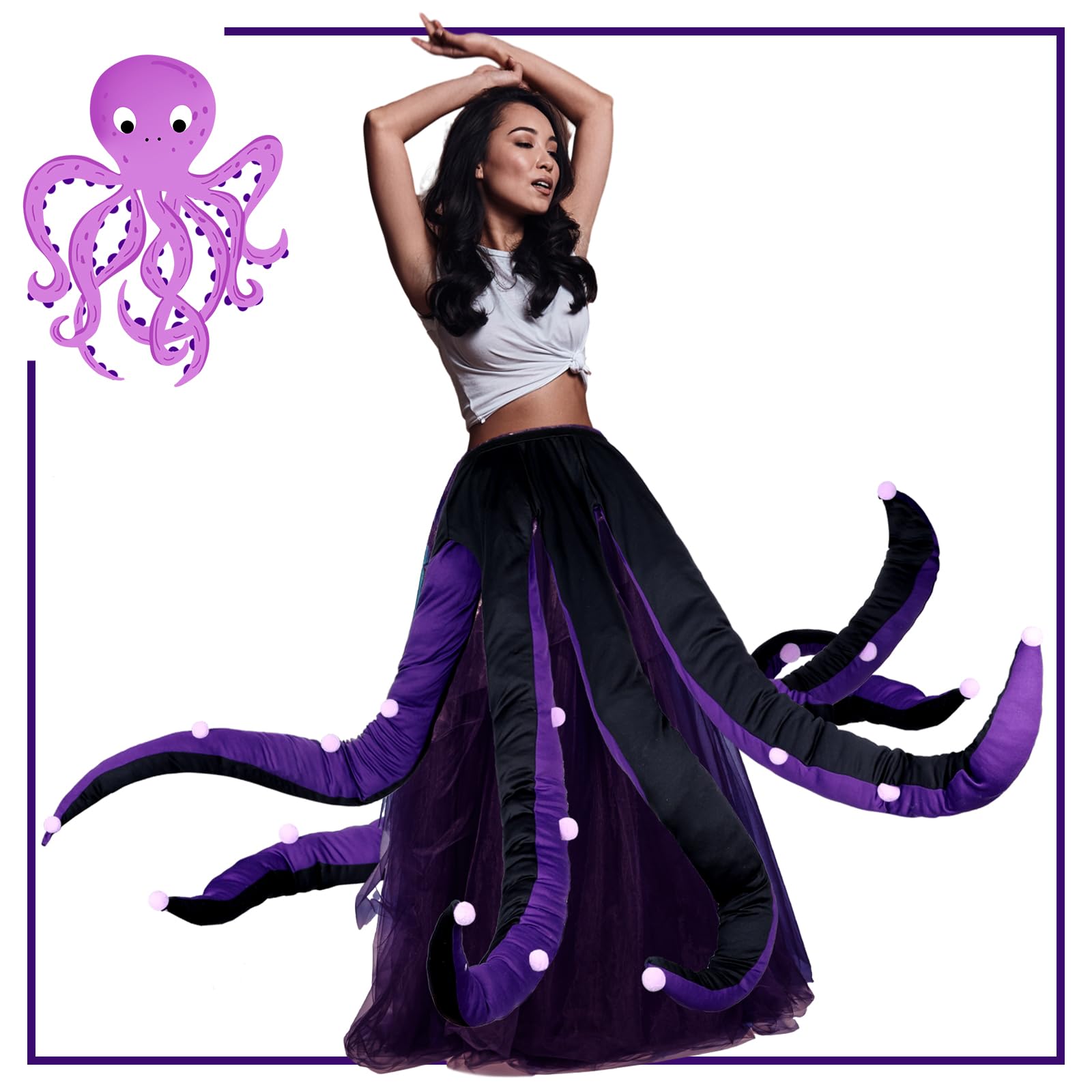 Funtery Women Octopus Costume Black Purple Octopus Dress Long Tentacles Witch Halloween Costume for Adult Halloween