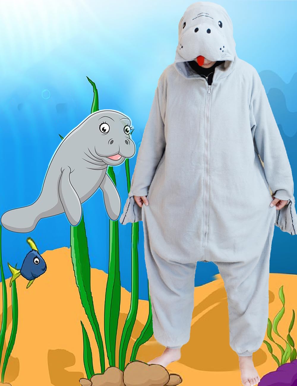 LZBXBXDA Unisex Adult Manatee Onesie One Piece Pajamas Animal Plush Halloween Christmas Costume Homewear Sleepwear for Women men