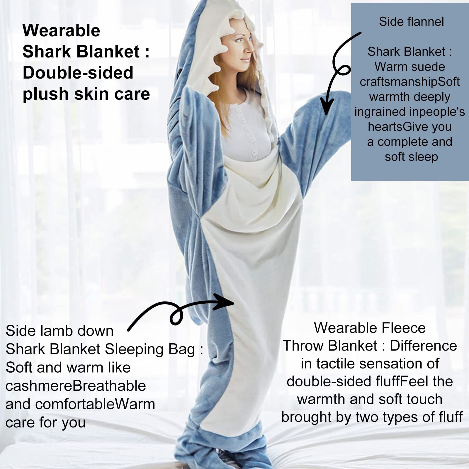 Shark Blanket Adult, Wearable Shark Blanket Super Soft Cozy Flannel Hoodie, Shark Blanket Hoodie Sleeping Bag Shark Onesie Blanket for Adults Kids