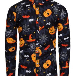 TUNEVUSE Mens Halloween Long Sleeve Shirt Scary Pumpkin Casual Button Up Shirt Funny Bat Costumes for Adult Black 3X-Large