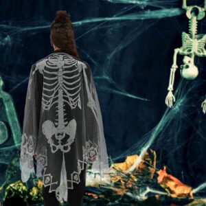 Kinhowly Women's Halloween Costumes, Halloween Skeleton Cape Poncho for Women Gifts,Includes Halloween Masquerade Mask (Black)