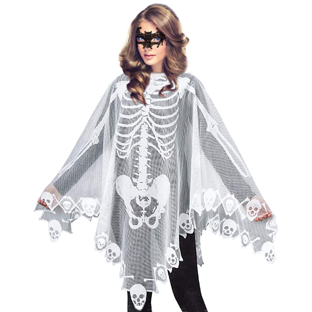 Qerhod Women's Skeleton Halloween Costume Skeleton Cape Poncho,Includes Masquerade Mask for Halloween(White)