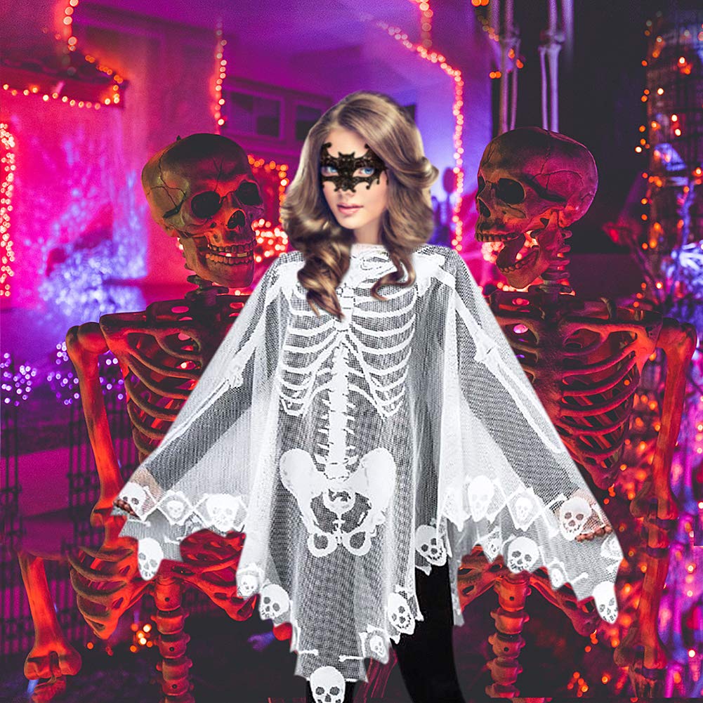 Qerhod Women's Skeleton Halloween Costume Skeleton Cape Poncho,Includes Masquerade Mask for Halloween(White)