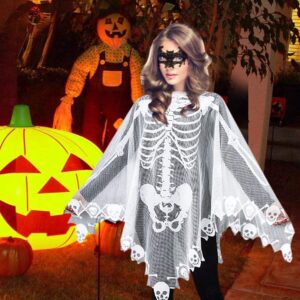 Qerhod Women's Skeleton Halloween Costume Skeleton Cape Poncho,Includes Masquerade Mask for Halloween(White)