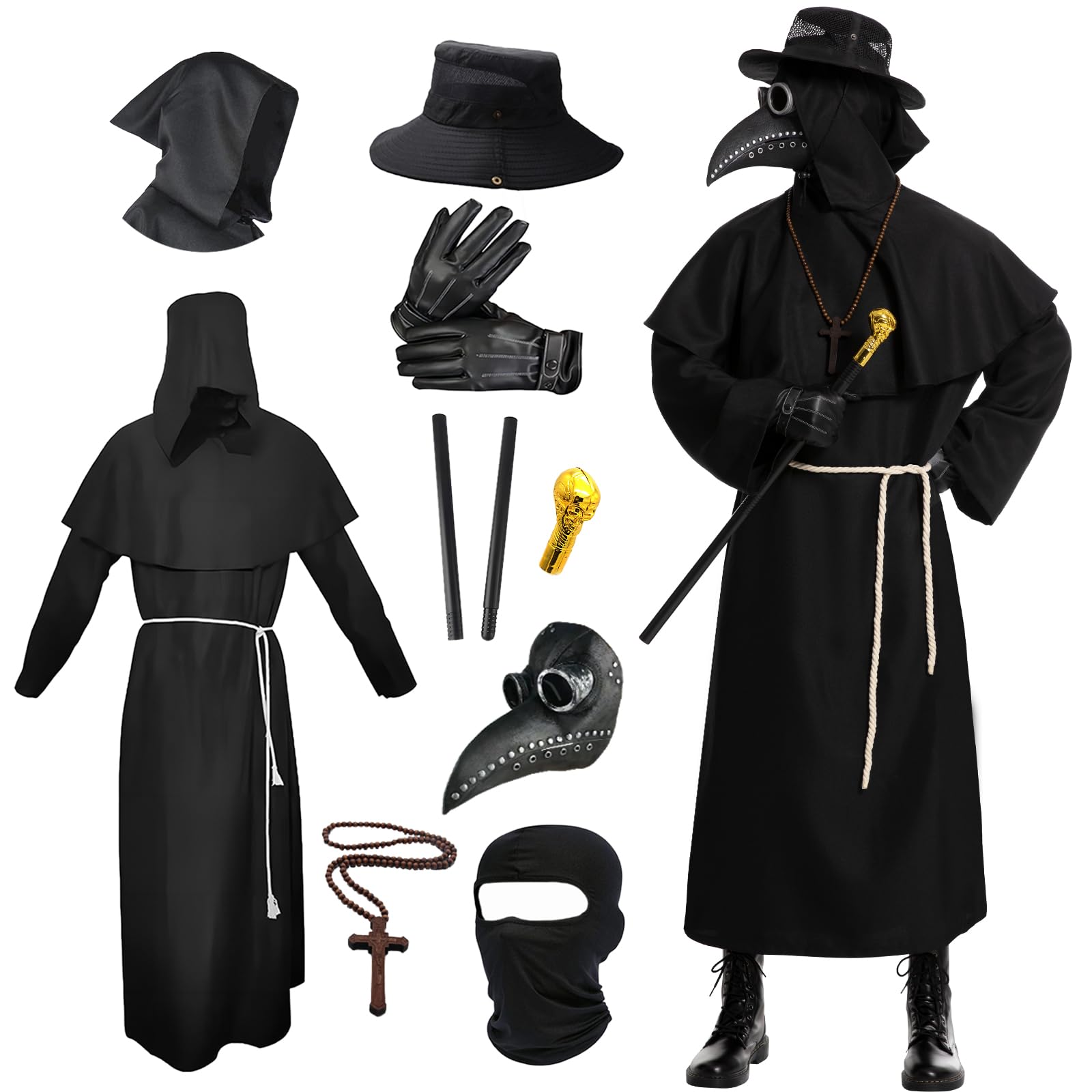 Fooecor Plague Doctor Costume, Adults Plague Doctor Mask Halloween Costume for Women Men Dress-Up Cosplay Party