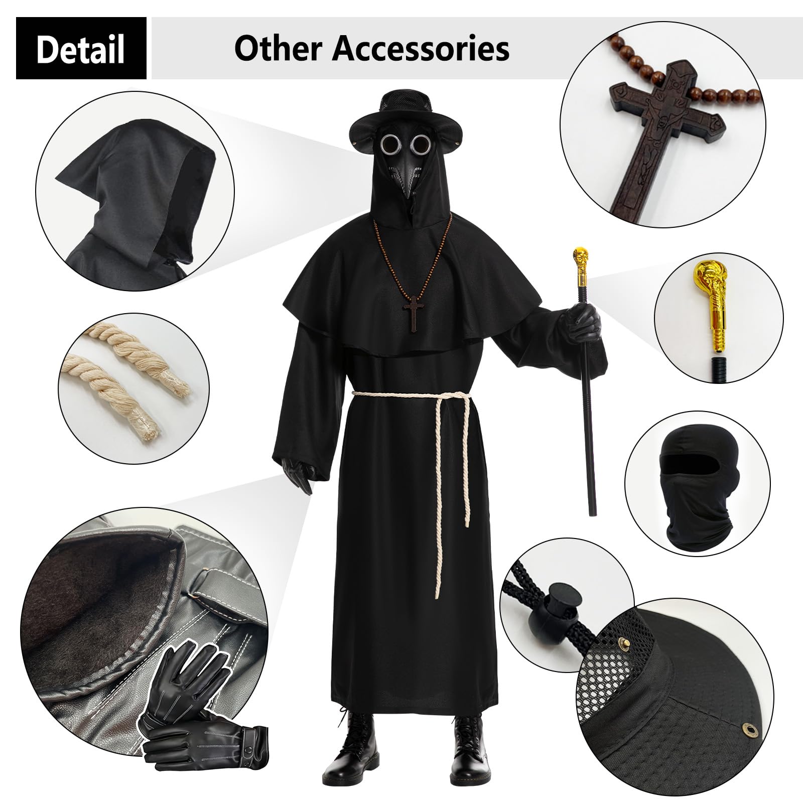 Fooecor Plague Doctor Costume, Adults Plague Doctor Mask Halloween Costume for Women Men Dress-Up Cosplay Party