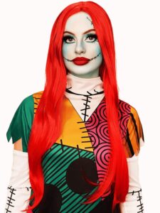 allaura red wig sally nightmare before christmas cosplay, realistic bright red long wig for women men anime wigs — compatible with sally nightmare before christmas wig