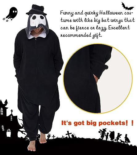 Dodheah Plague Doctor Onesie Costume Black Steampunk Jumpsuit Cartoon Pajamas Cosplay One-piece Halloween Dress Up Outift for Adult Grey M