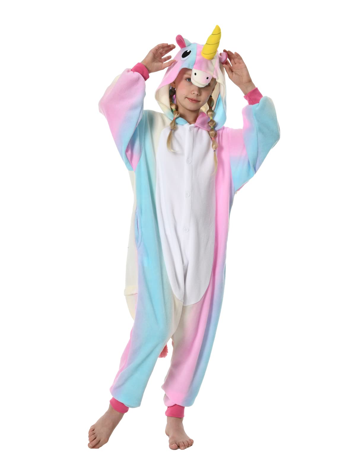 GONAAP Unisex Animal Onesie Pajamas Kids One Piece Cosplay Outfits Rainbow Blue Unicorn Costumes For Girls Costumes(8 Years, Rainbow-blue Unicorn)