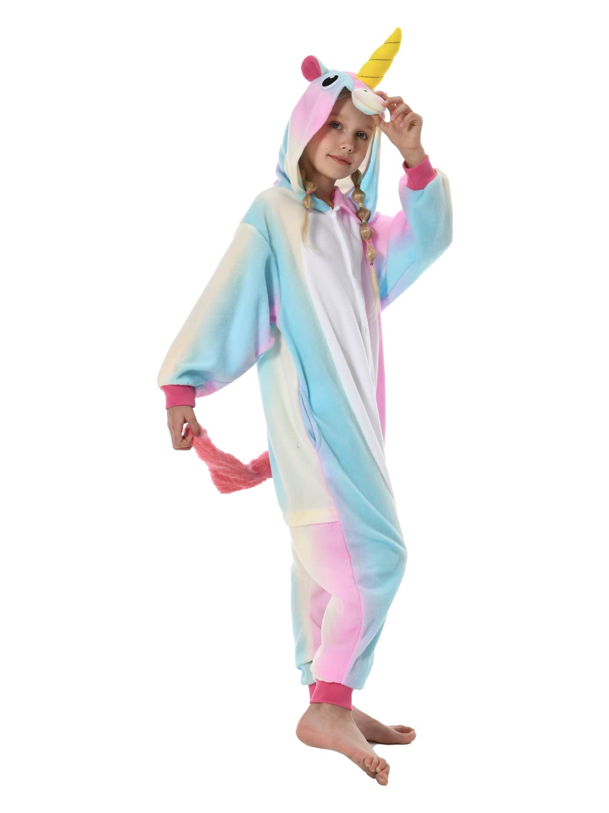 GONAAP Unisex Animal Onesie Pajamas Kids One Piece Cosplay Outfits Rainbow Blue Unicorn Costumes For Girls Costumes(8 Years, Rainbow-blue Unicorn)