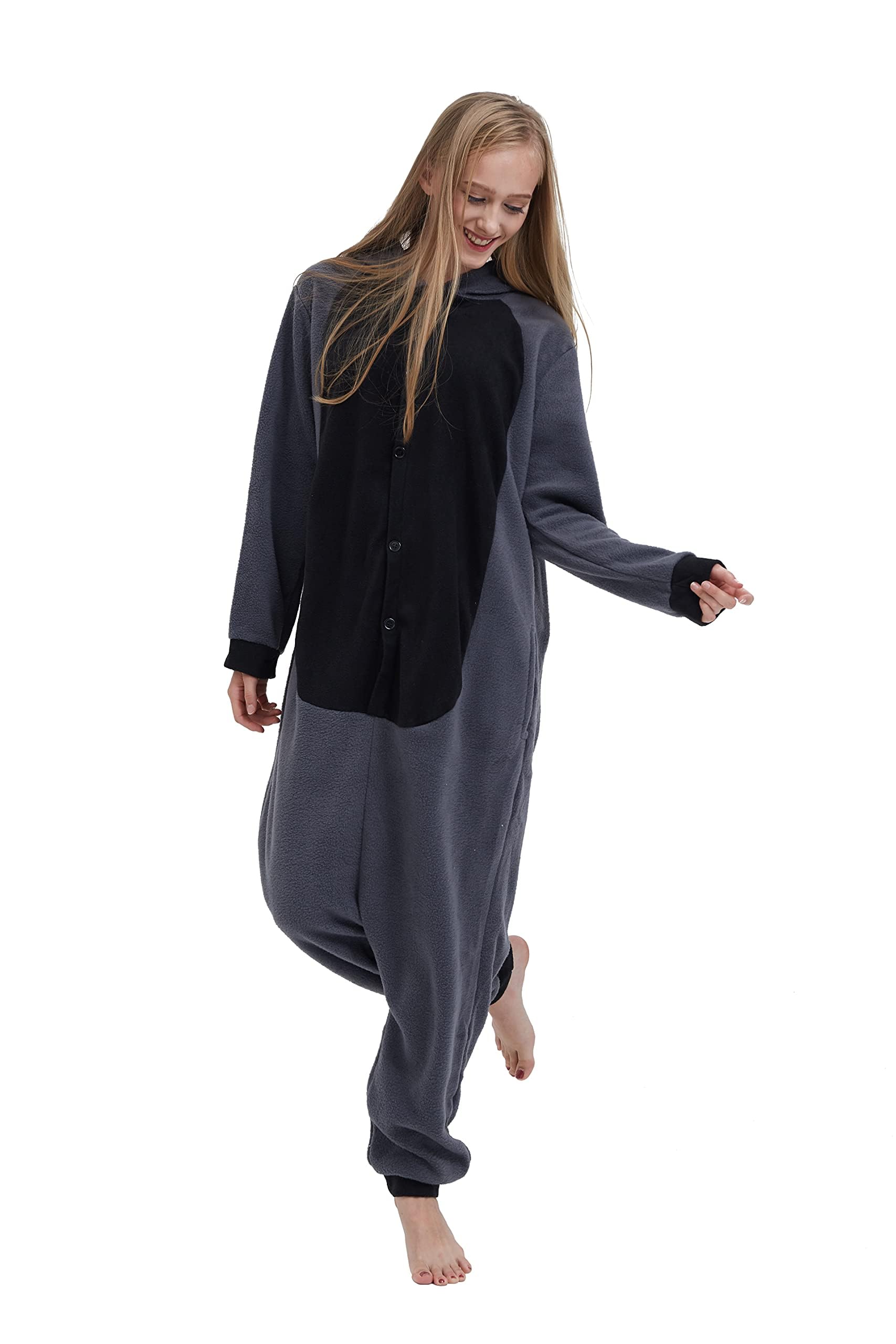 SimZoo Adult Animal Onesie Pajamas, Men and Women's Grey Raccoon Cosplay Costume Sleepwear, One-Piece Unisex Homewear Medium