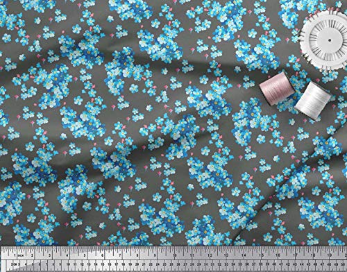 Soimoi Cotton Canvas Grey Fabric - by The Yard - 56 Inch Wide - Blue Flower Floral Material - Tranquil and Botanical Designs for Stylish Apparel Printed Fabric