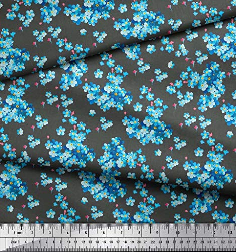 Soimoi Cotton Canvas Grey Fabric - by The Yard - 56 Inch Wide - Blue Flower Floral Material - Tranquil and Botanical Designs for Stylish Apparel Printed Fabric