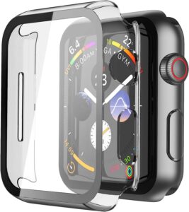 misxi 2 pack hard pc case with tempered glass screen protector compatible with apple watch series 4 series 5 series 6 se 44mm, scratch resistant overall protective cover for iwatch, clear