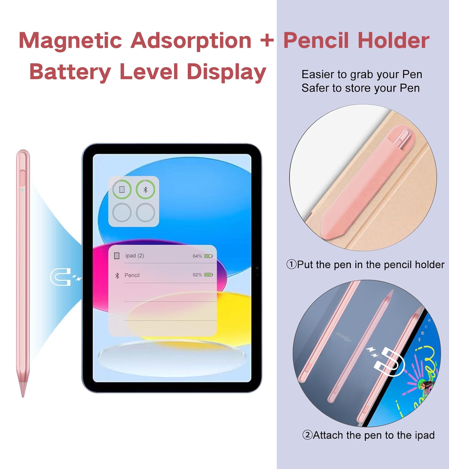 Stylus Pen for iPad 2018-2024 with Palm Rejection, Apple Pencil for Apple iPad 10th/9th/8th/7th/6th Gen, iPad Pro 11/12.9 inch, New iPad Air 2024 11&13-inch(M2) /5th/4th/3th Gen, iPad Mini 6th/5th Gen