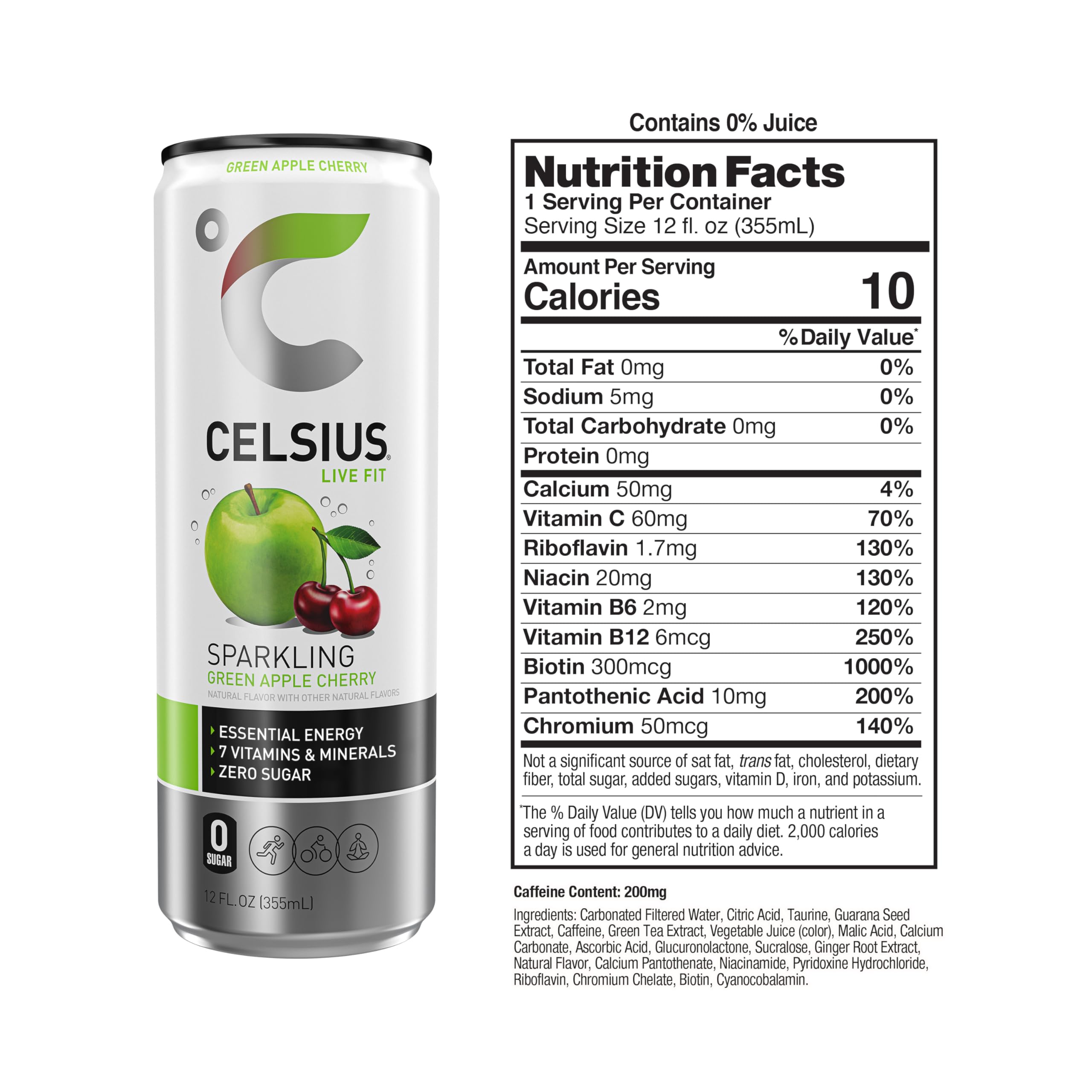 CELSIUS Sparkling Green Apple Cherry, Functional Essential Energy Drink, 12 Fl Oz (Pack of 12)