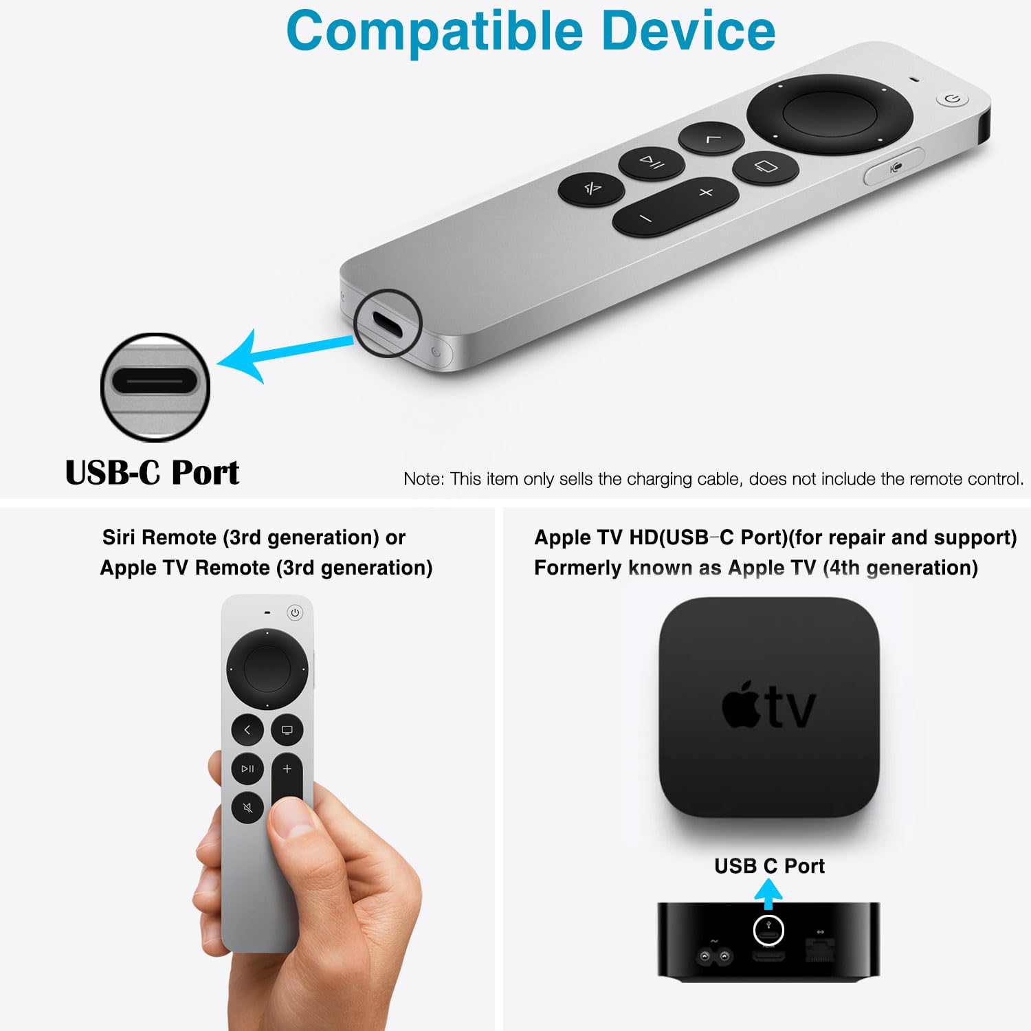 6.6FT USB C Apple TV Remote Cable for Apple TV Remote (3rd Gen), Apple TV 4th Gen, Siri Remote (3rd Gen), Apple TV 4K Remote (3rd Gen), iPhone 15 15 Pro Max 15 Plus Charger Cable Replacement