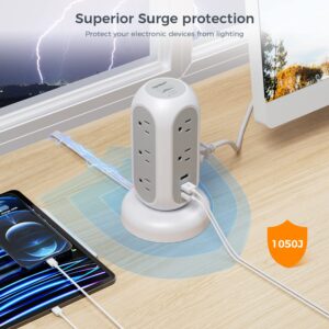 Flat Plug Power Strip Tower, TESSAN Ultra Thin Retractable Extension Cord 5 FT, Surge Protector 11 Outlets with 3 USB Charging Station, 1050J, Office Supplies, Desk Accessories, Dorm Essentials