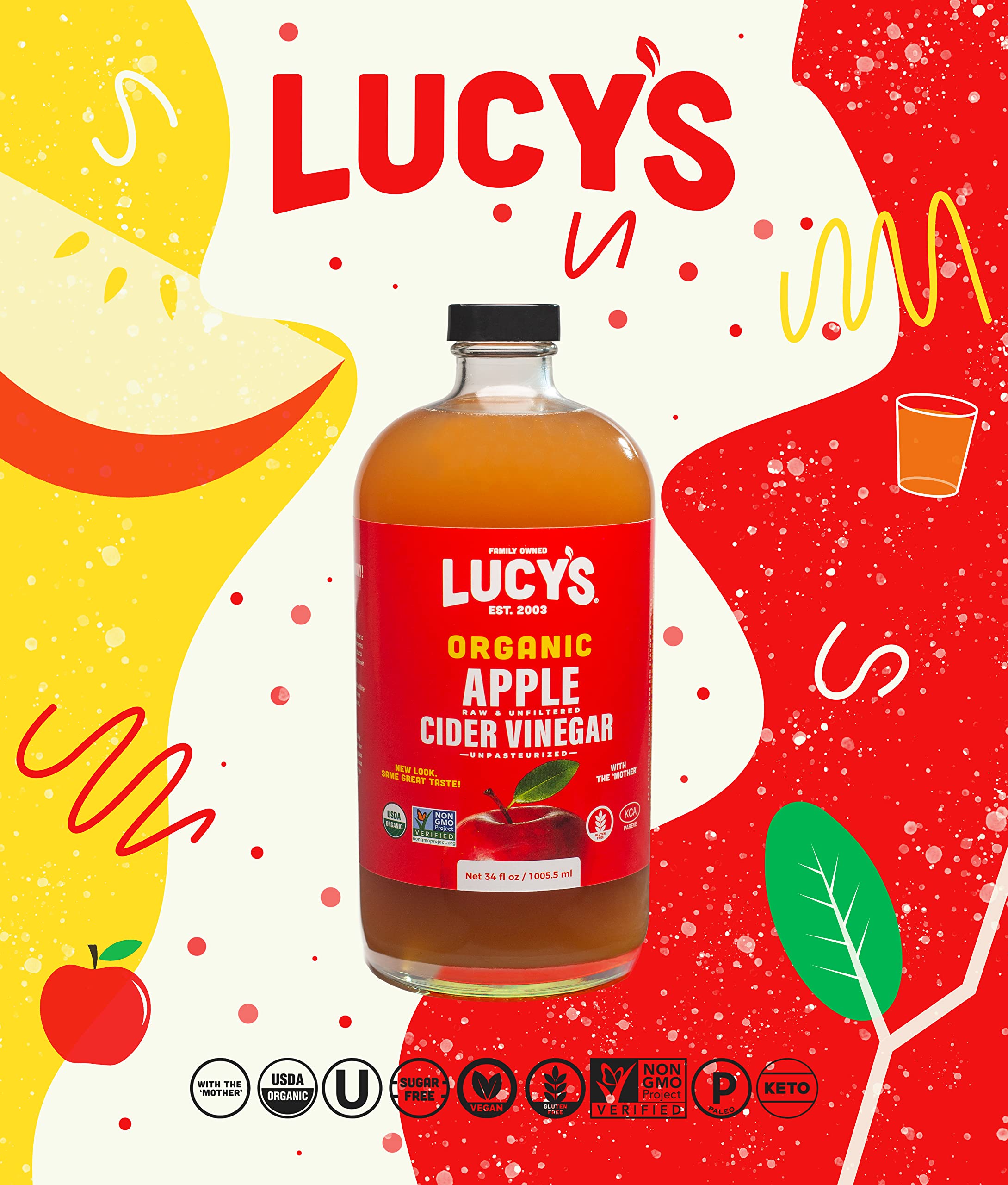 Lucy's Family Owned - USDA Organic NonGMO Raw Apple Cider Vinegar, Unfiltered, Unpasteurized, With the Mother, 34oz Glass Bottle (2 Pack)