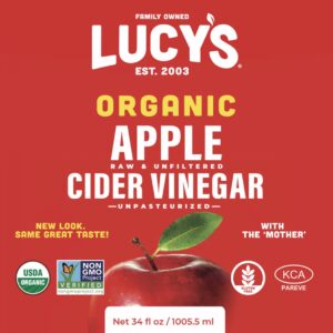 Lucy's Family Owned - USDA Organic NonGMO Raw Apple Cider Vinegar, Unfiltered, Unpasteurized, With the Mother, 34oz Glass Bottle (2 Pack)