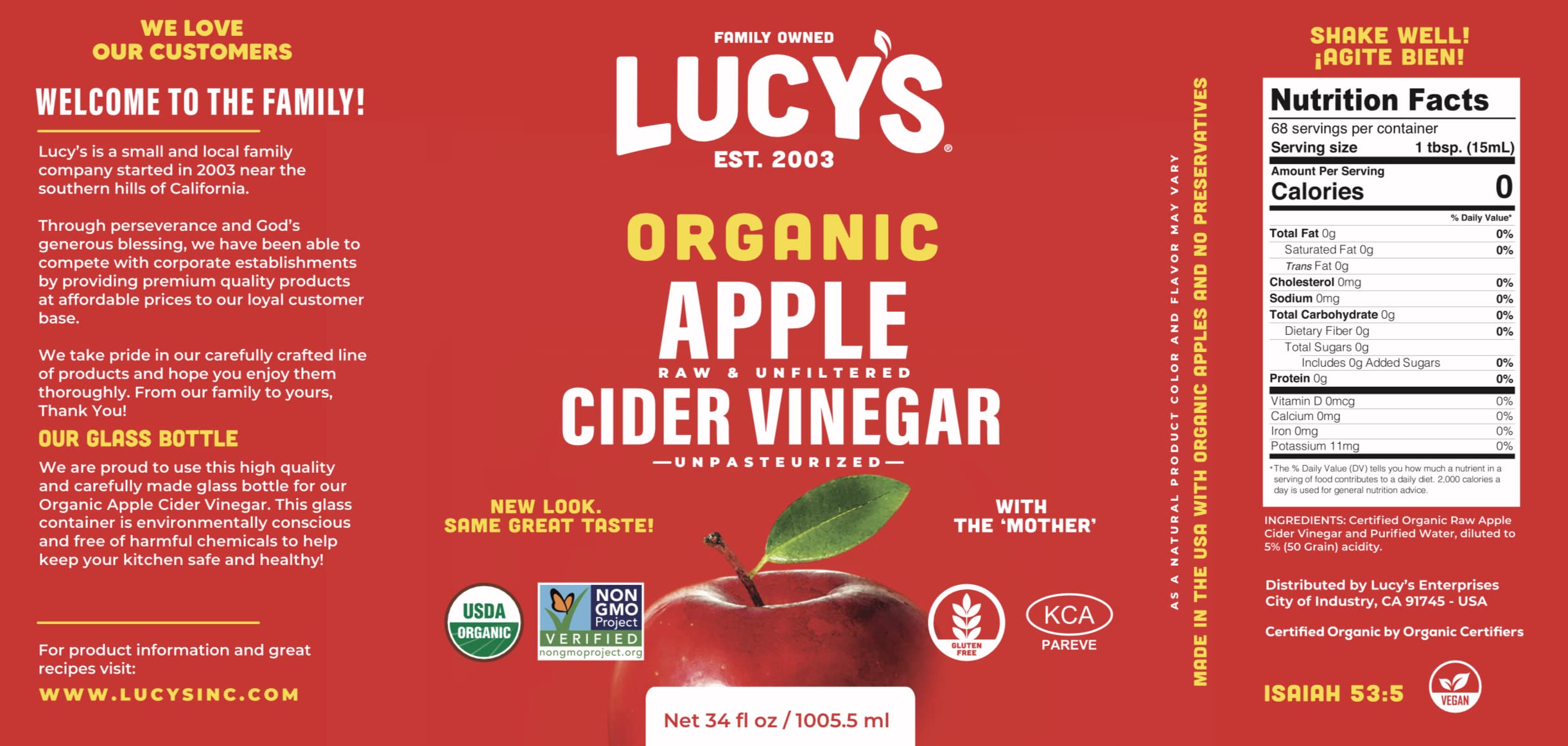 Lucy's Family Owned - USDA Organic NonGMO Raw Apple Cider Vinegar, Unfiltered, Unpasteurized, With the Mother, 34oz Glass Bottle (2 Pack)