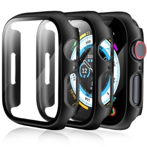 [3 pack] case for apple watch series 9 screen protector 45mm series 8 series 7, ewuonu hard pc bumper cover hd tempered glass full protective case for iwatch series 9/8/7 accessories 45mm, black