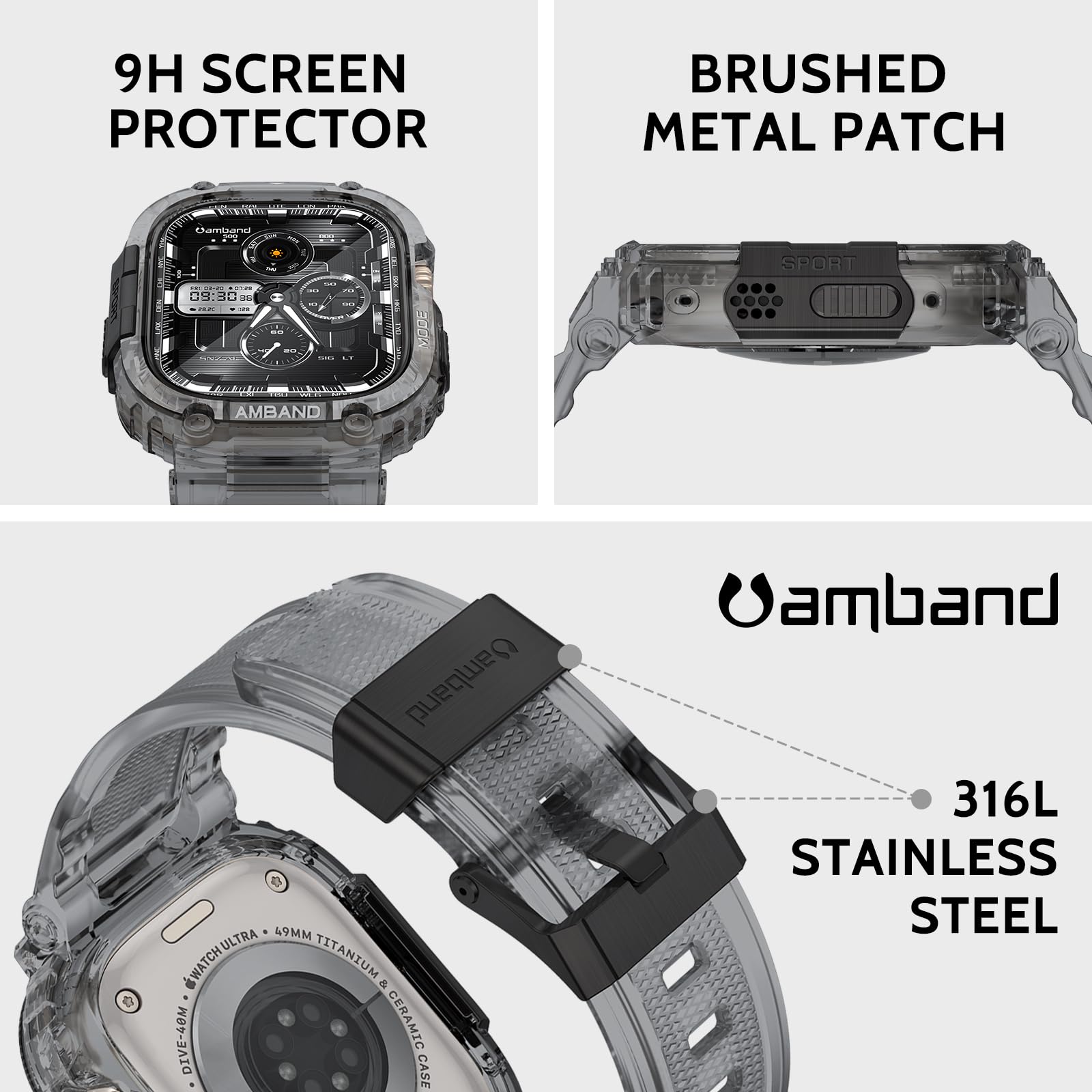 amBand Bands Case Screen Protector Compatible with Apple Watch Ultra 2/1 49mm, M1 Sport Series Rugged Cover Strap and 9H Tempered Glass Film, Protective Bumper for iWatch 49 mm Men Crystal Black