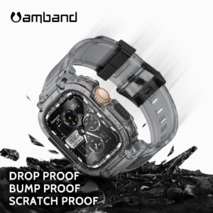 amBand Bands Case Screen Protector Compatible with Apple Watch Ultra 2/1 49mm, M1 Sport Series Rugged Cover Strap and 9H Tempered Glass Film, Protective Bumper for iWatch 49 mm Men Crystal Black