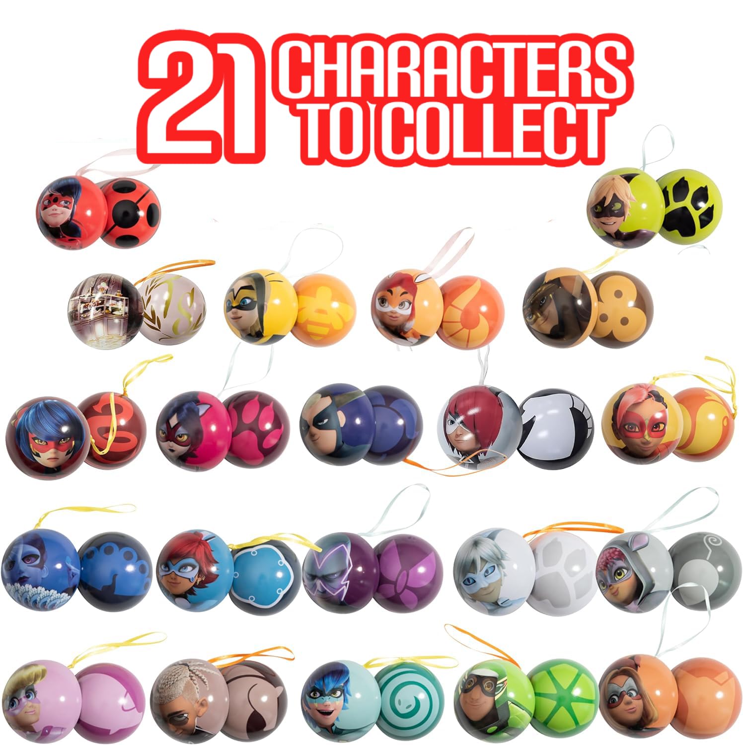 Miraculous Ladybug, 4-1 Surprise Miraball, 3 Pack, Toys for Kids with Collectible Character Metal Ball, Kwami Plush, Glittery Stickers and White Ribbon (Wyncor)