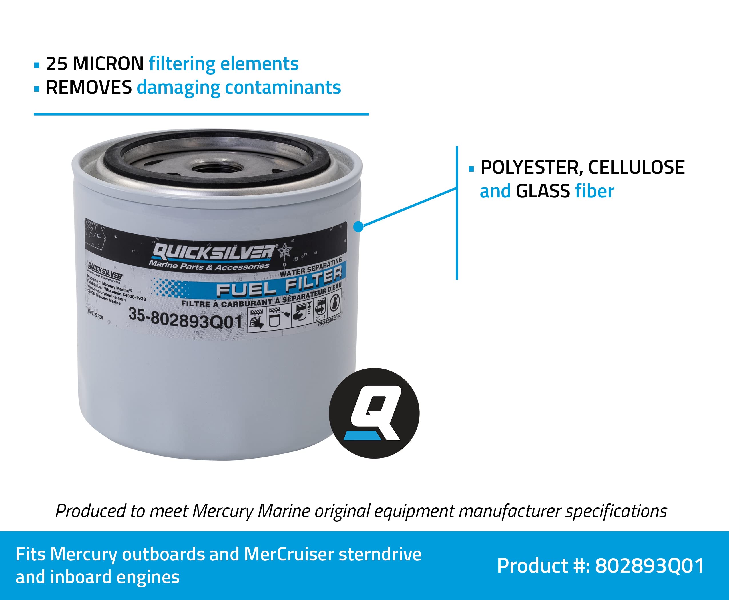 Quicksilver 802893Q01 Water Separating Fuel Filter for Mercury and Mariner Outboards and MerCruiser Stern Drive and Inboard Engines