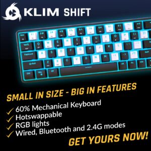 KLIM Shift Wireless Mechanical Keyboard - 2024 Version - Hotswap TKL RGB w/Extra 68 Keycap Set - Backlit Mini Gaming Keyboard - 2.4 GHz Wireless & Bluetooth Keyboard - 60 Percent Keyboard - PC Gamer