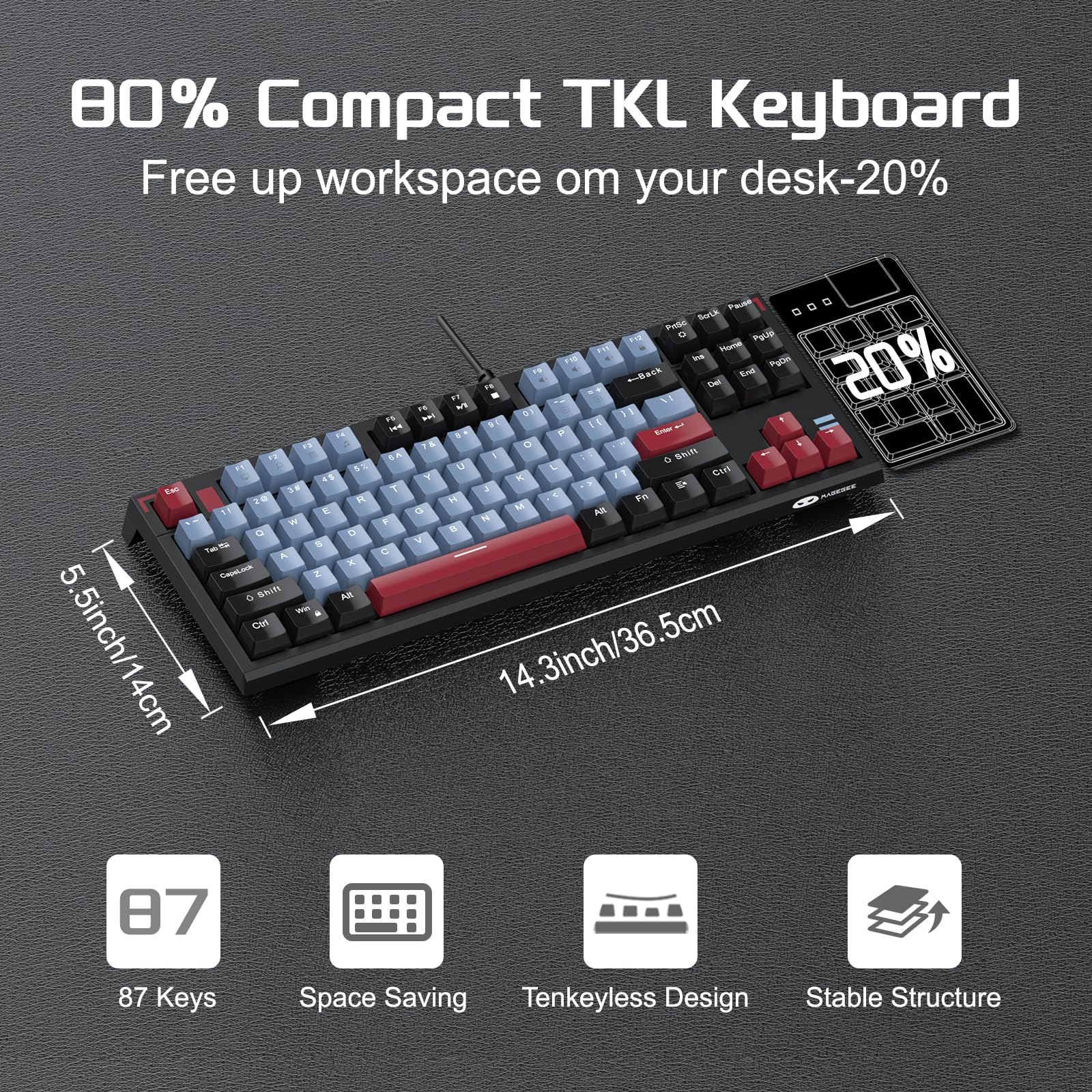 Compact 80 Percent Mechanical Gaming Keyboard, Wired tkl Mechanical Keyboard with Brown Switches, Ice Blue Backlit Keyboard 87 Keys for Windows Mac PC, Black Blue