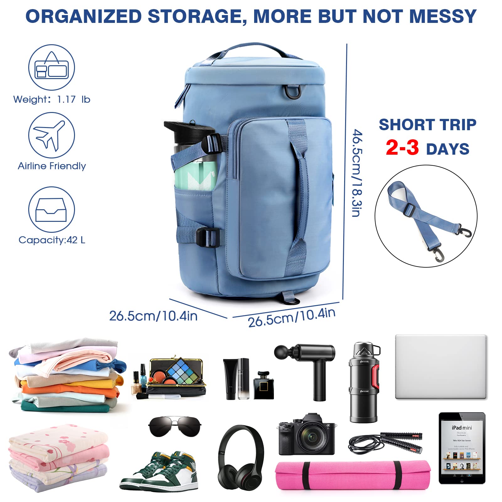 KETIEE Gym Bag for Women Men, Travel Backpack Carry On Backpack Weekender Overnight Bag Waterproof Hiking Rucksack Daypack Sports Duffle Bag with Shoes Compartment & Dry Wet Seperated (Blue) 42 L