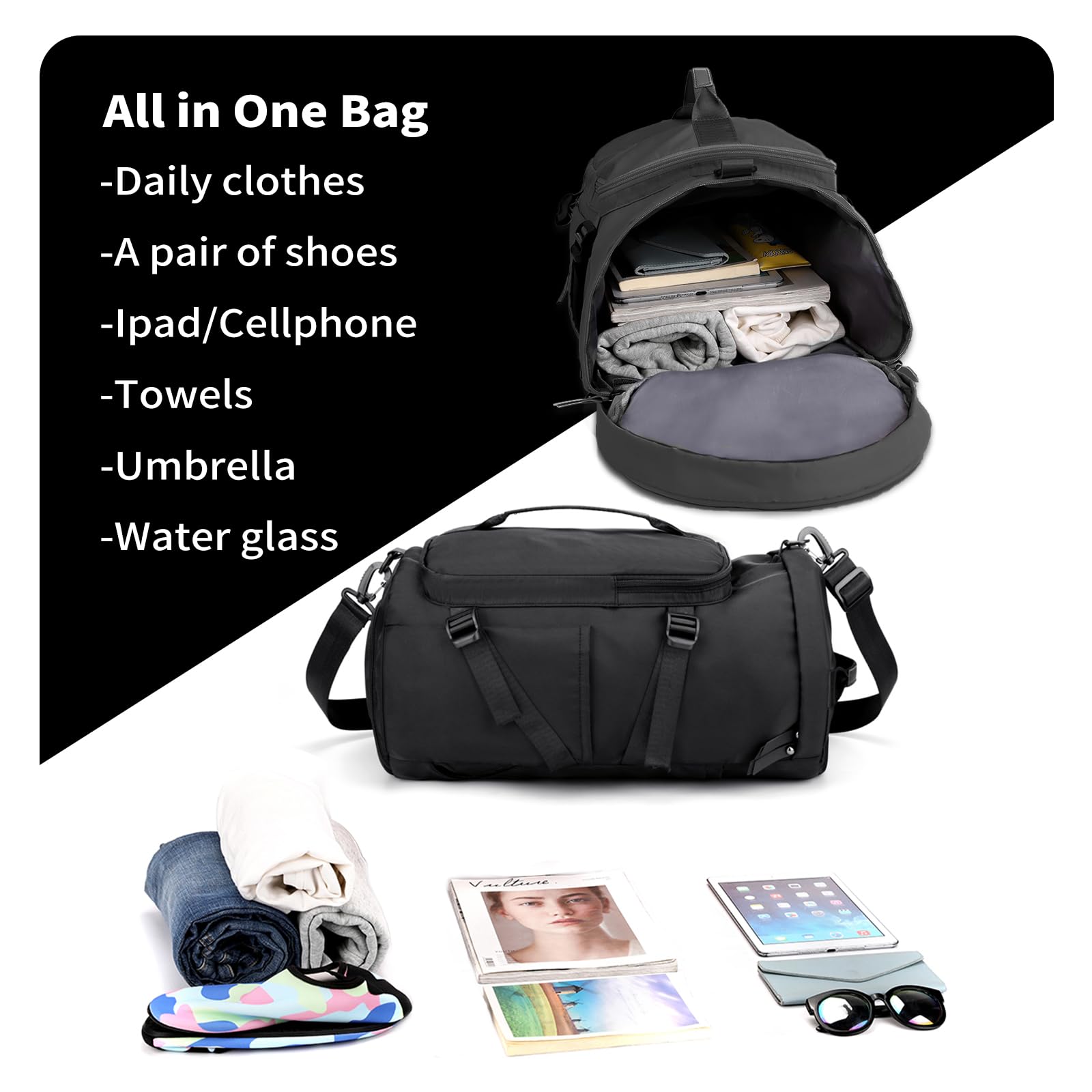 Travel Duffel Bag Backpack, Doksmeria Gym Bag Backpack with Shoe Compartment, Gym Bag Backpack with Wet Pockets